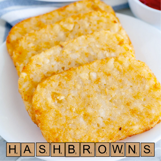 4 hashbrowns on a plate, captioned with HASHBROWNS
